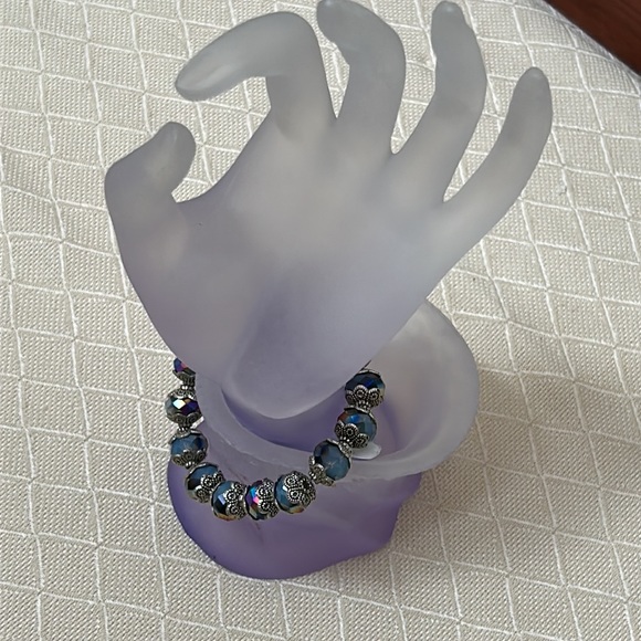 Glass Neon Blue Stirling Silver Beaded Stretchy Bracelet - Picture 4 of 4